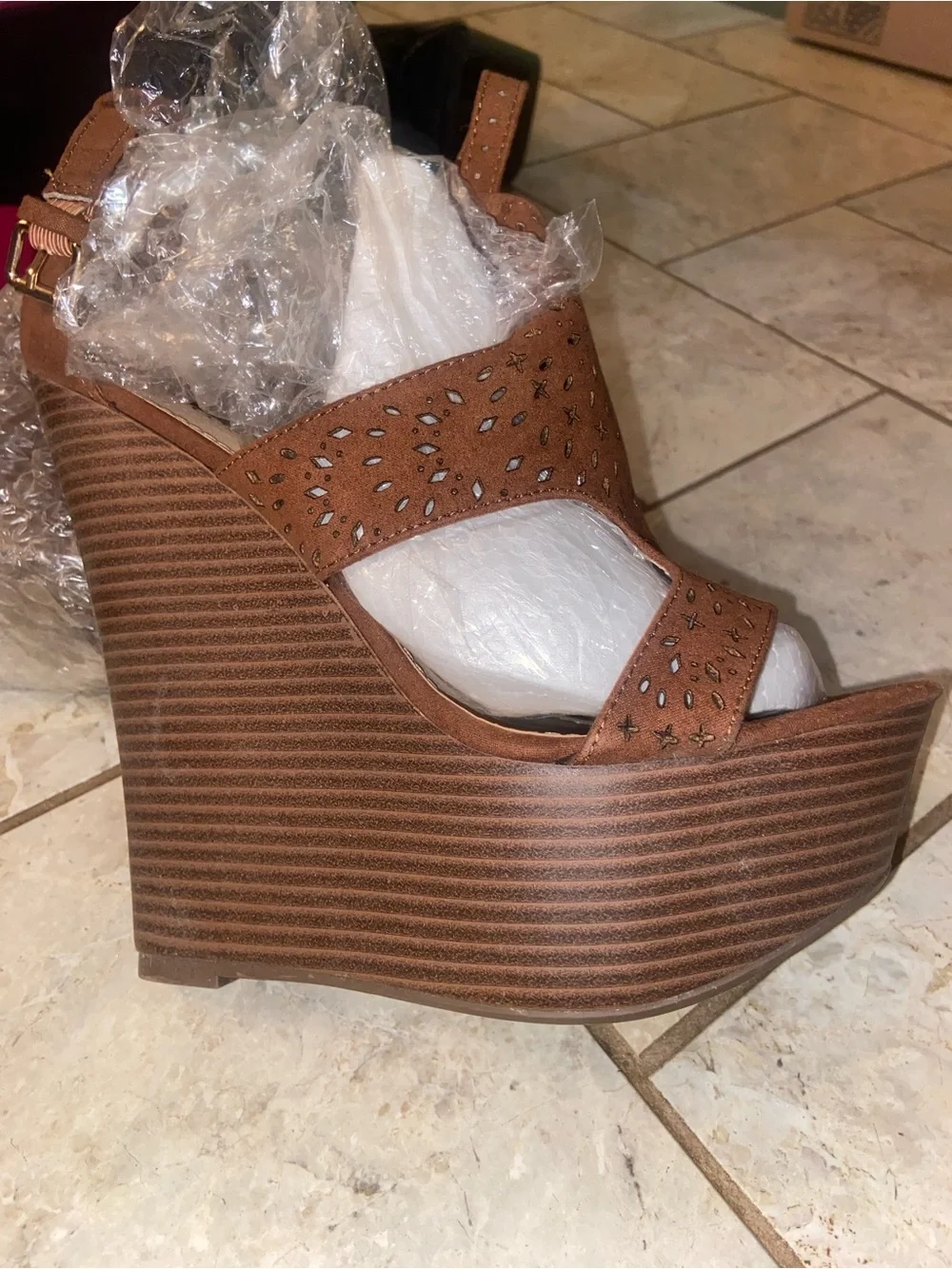 JustFab Chestnut Perforated Platform Wedge Sandals